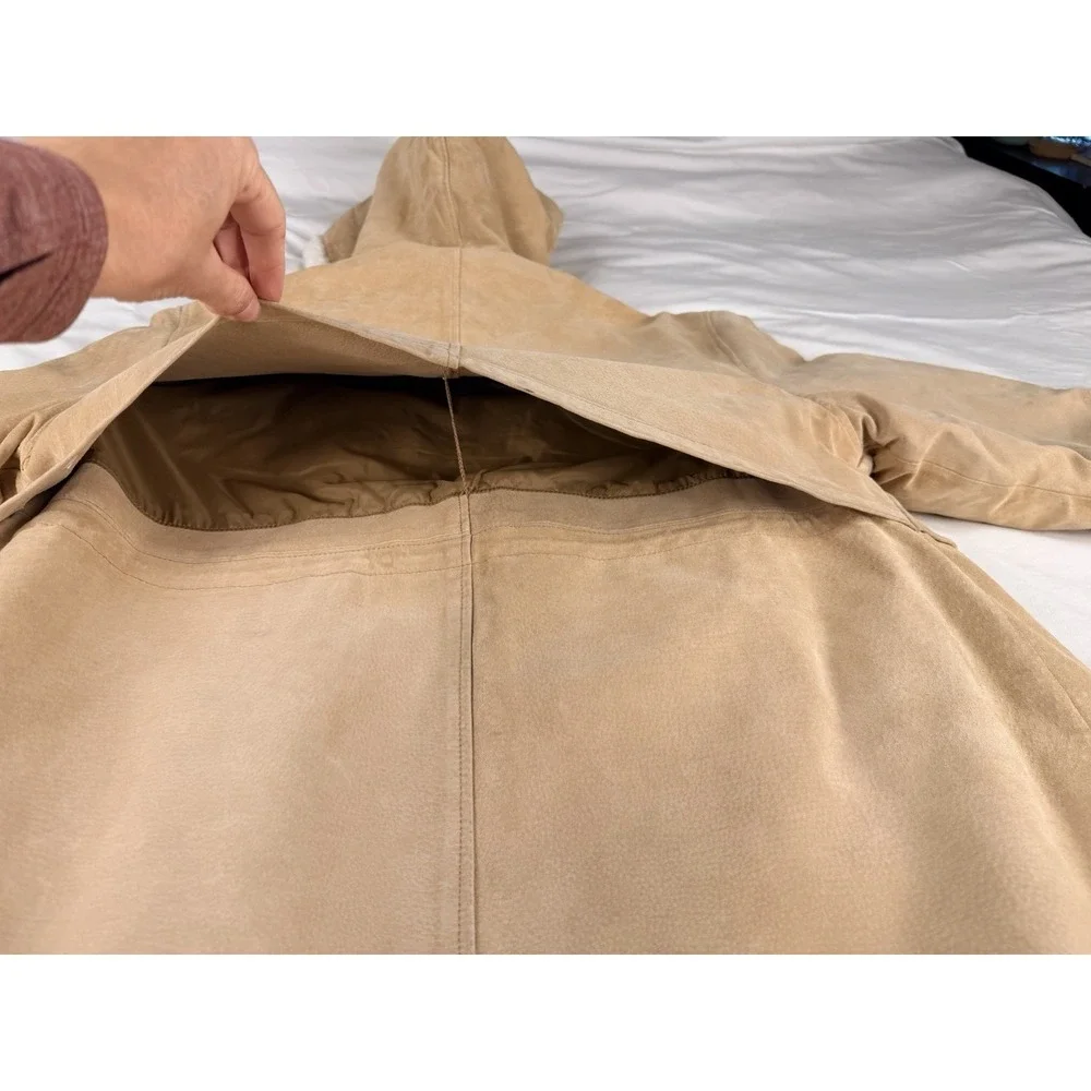 Vintage Marvin Richards Shearling Suede Leather Hooded Coat Womens L Tan
